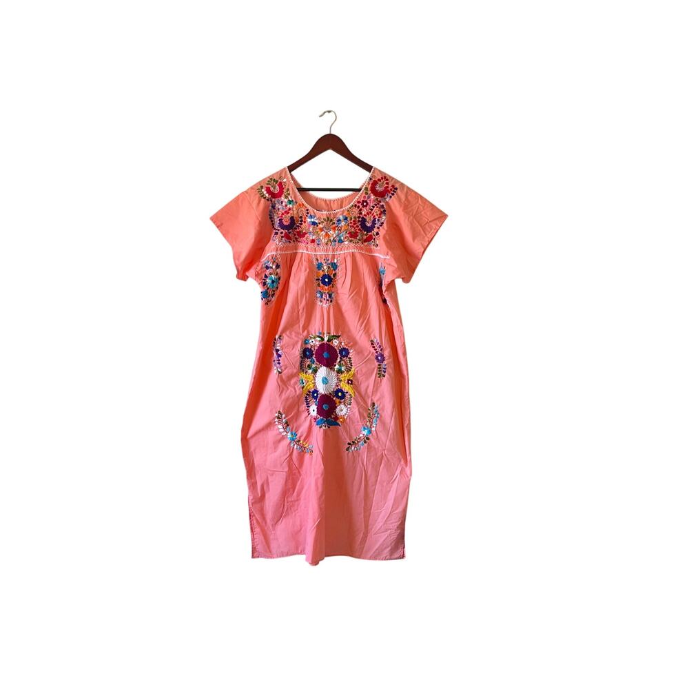 Vintage70s boho pink floral embroidered‎ mini dress size small